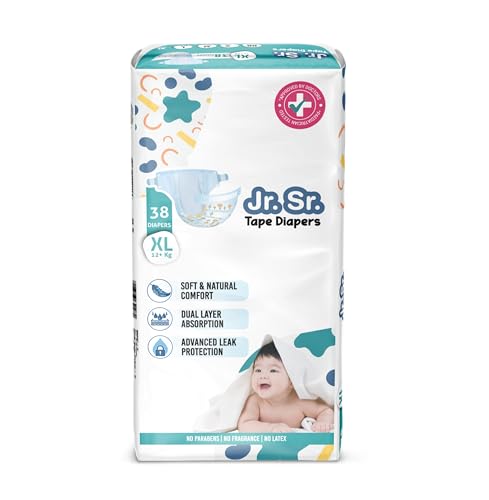 Image of Jr. Sr. Baby Tape Style Diaper | Adjustable Fit For Babies | Extra Large (XL) Size (12+ kg), 38 Count | Pack of 1 | Upto 12 hr Absorption with Advanced Leak Protection | Soft & Comfy