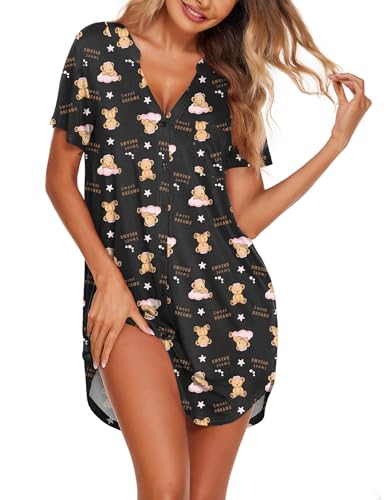 Image of Ekouaer Women V Neck Button Down Nightgown