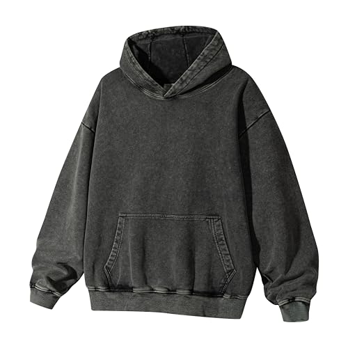 WOLF ZONE Unisex Acid Wash Hoodie comfy hoddies big and tall streetwear oversized for Adult & Teen Dark Grey L
