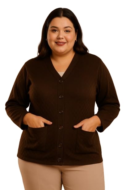 Women's Woollen V-Neck Plus Size Winter Cardigan Sweater with Front Pockets