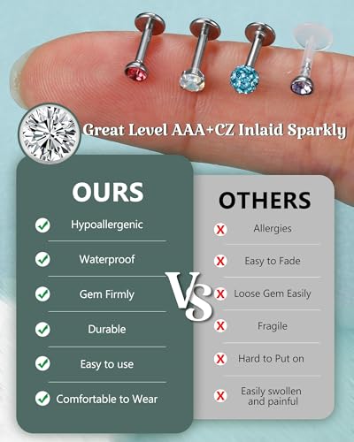 24 Pcs 16G Hypoallergenic Stainless Steel Labret Lip Monroe Medusa Stud Piercing For Women Men 3mm Cubic Zirconia Forward Helix Earrings Cartilage Tragus Piercing 6mm 8mm4