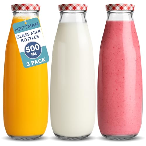 HEFTMAN Glass Milk Bottles with Lids - Empty 500ml Set of 3 Airtight Milk Bottle with Red Gingham Lids for Beverages, Drinks & Décor - Retro Glass Juice Bottles for Weddings, BBQ's & Picnics