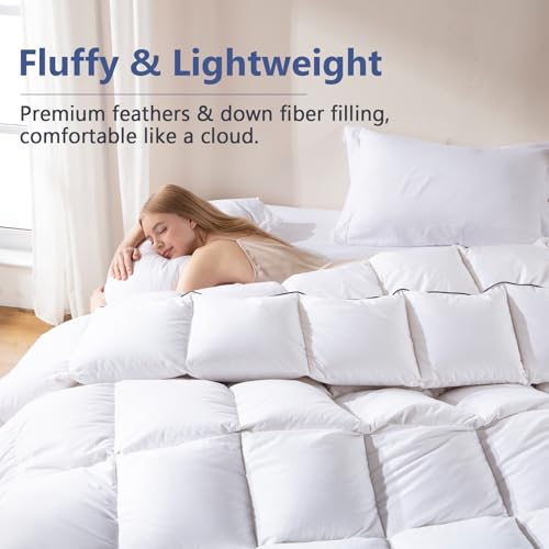Image of DOWNCOOL Feather Comforter Oversized King Size, 100% Cotton Cover Ultra Soft Fluffy Duvet Insert, All Season Luxurious Hotel Bedding Comforters with Corner Tabs, White 116 inchx98 inch