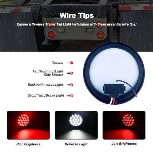 XtraGlow 4 inch Round Dual Revolution LED Tail Lights Red Stop Turn Tail Lights and White Backup Reverse Lights Kit for Truck Trailer RV Jeep with Rubber Grommet Chrome Plated Visor IP67 Waterproof