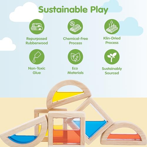 Image of PlanToys Water Blocks Wooden Montessori Sensory and STEM Building Toy | Light, Colour, Creativity and Fine Motor Skill Development | Eco Friendly Open Ended Learning Activity