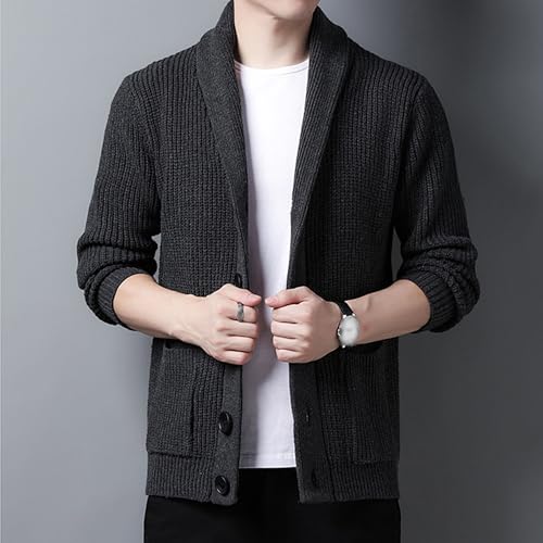 Mens Shawl Collar Cardigan Sweater Long Sleeve Button Cable Knit Men Sweaters Loose Fit Casual Ribbed Knit Cardigans (Black Gray,X-Large)2