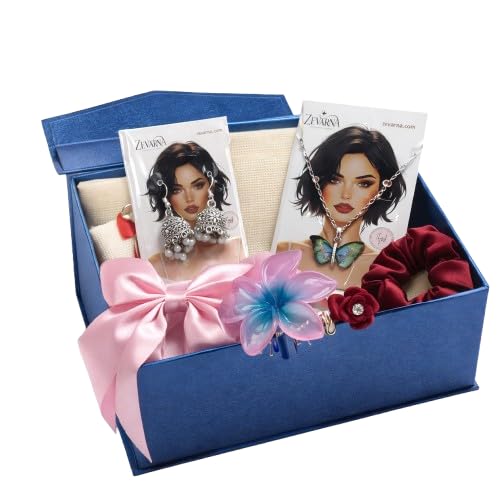 8-Piece Women’s Jewelry & Hair Accessories Gift Hamper Set | Jhumka Earrings, Butterfly Pendant Necklace, Satin Hair Bow, Scrunchie, Flower Claw Clip, Rose Hair Pin, Mini Pouch & Gift Box | Birthday Gift - Girls & Women-image-46