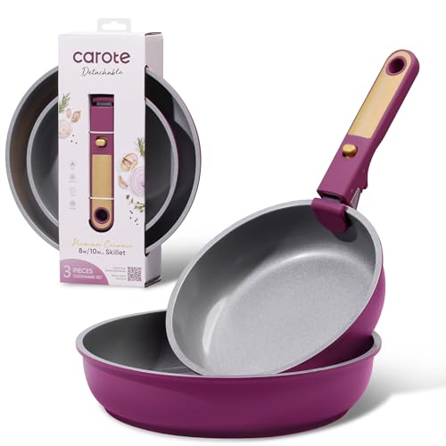 Carote 3-Piece Ceramic Frying Pan Set 8 & 10 Nonstick Fry Pans with Removable Handle PFAS-Free Healthy Cooking Full-Spray Base All-Stovetop Compatible Skillet Set Dishwasher Safe (Purple)