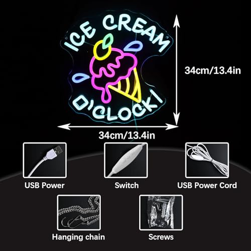 Image of Ice Cream Neon Sign,Ice Cream Merch | 13.4in*13.4in - USB Powered LED Acrylic Lamp with Dimmable Function for Store, Cafe, Bedroom & More Decor