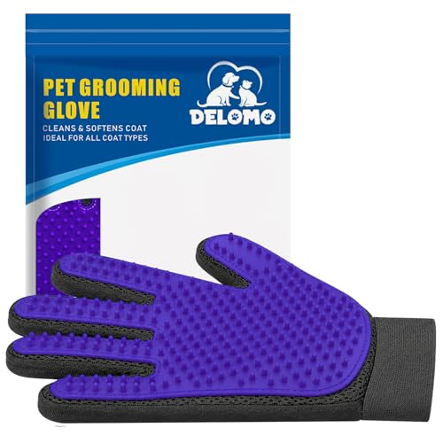Image of DELOMO Pet Hair Remover Glove - Gentle Pet Grooming Glove Brush - Deshedding Glove - Massage Mitt with Enhanced Five Finger Design - Perfect for Dogs & Cats with Long & Short Fur - 1 Pack, Purple