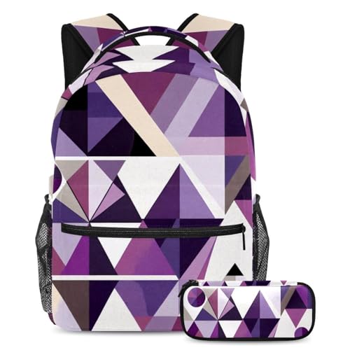 Sac à dos violet motif géométrique 40cm avec trousse assortie pour voyage et école