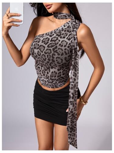 Image of RoseSeek Women's Y2K Leopard Polka Dots Halter Asymmetrical Neck Crop Tops