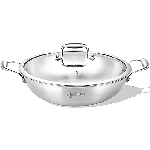 LOLYKITCH 12 Inch Tri-Ply Stainless Steel Wok Pan with Lid,5 QT Deep Stir-Fry Pan,Jumbo Cooker,Induction Cooking Pan,Heavy Duty,Dishwasher and Oven Safe. Cover