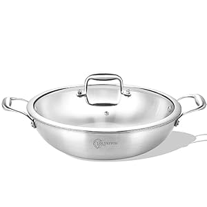 12 Inch Tri-Ply Stainless Steel Wok Pan with Lid,5 QT Deep Stri-Fry Pan,Jumbo Cooker,Induction Cooking Wok Pan,Heavy Duty,Dishwasher and Oven Safe.
