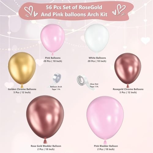 Image of 56 Pcs Set of Pink, Rose gold balloons garland kit for Birthday decoration, Anniversary Celebration, Baby Shower, Home Party Decoration items