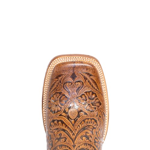 Men's Cowboy Boots Hand Tooled Print Cognac/White Top EXTRA WIDE SQUARE TOE4