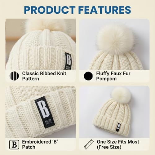 Image of Kraptick Women's Winter Cap - Knit Beanie with Soft Fleece Lining Hat, Stylish Pom Pom Thick Woollen Skull Cap, Warm Hat for Ladies & Girls -3