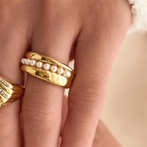 Pearl Beaded Statement Ring for Women Stainless Steel Thick Finger Bands Stacking Pearls Band Minimalist Wrap Engagement Rings Dainty Jewelry3