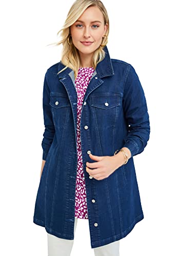 Jessica London Women's Plus Size Long Denim Jacket Tunic Length Jean Jacket - 24 W, Indigo White