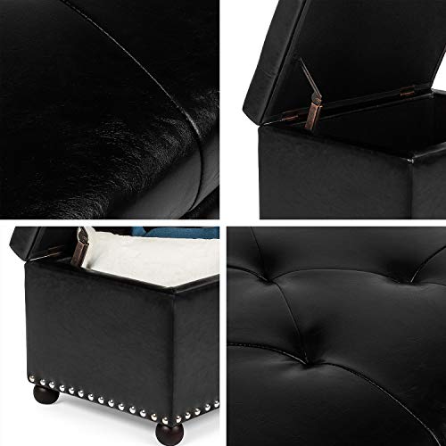 Image of Joveco Leather Storage Ottoman, 24 inch Rectangle Tufted Foot Rest Stool, for Living Room Bedroom, Midnight Black