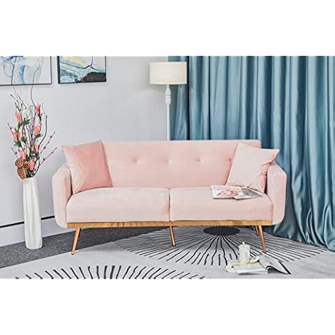 UBGO Bed Accent Sleeper for Living Room,Loveseat Sofa with Rose Gold Metal Feet and 2 Throw Pillows and midfoot,Pink velve Cover