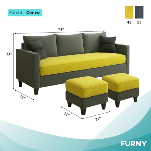 Image of FURNY Oreoy 5 Seater L Shape Sofa Set with 2 Movable Ottoman | Flexible Left or Right Layout | Plush Velvet Fabric (Yellow-Dark Grey) | Perfect for Living Room, Guest Room & Office