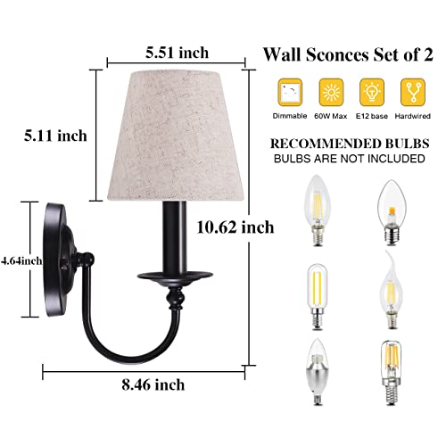 Image of LASENCHOO Black Wall Sconces Set of Two, Modern Candle Sconces Wall Lighting Industrial Wall Light Fixtures with Fabric Lampshade, Bedside Wall Lamps for Bedroom Living Room Hallway Entryway Porch