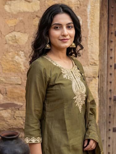 Image of INDO ERA Women's Viscose Self Design Straight Kurta with Pant & Dupatta Set