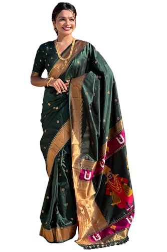 Image of SGF11 Women's Kanjivaram Paithani Silk Saree With Unstitched Blouse Piece