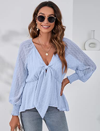 Boho Tops For Women Smocked Lantern Sleeve Blouses Tie Front High Low Flowy Babydoll Pregnancy Shirts Blue #TOP2