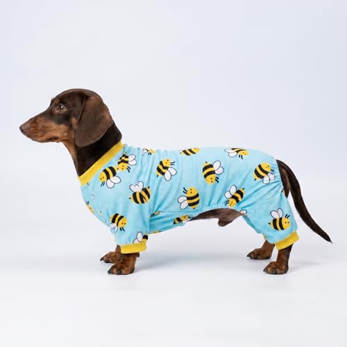 Image of Fitwarm Funny Bee Fleece Dog Pajamas, Warm Winter Dog Clothes for Small Dogs Boy Girl, Cozy Pet Onesie with Feet, Light Blue, Medium