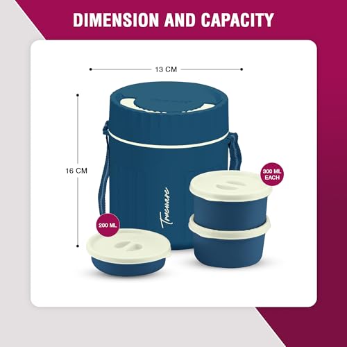 Image of Trueware SNAKK 2 Insulated Hot Lunch Box with 3 PP Container, 2 Container 300 ML Each & 1 Container 200 ML, Food Grade, BPA Free | Office Lunch Box | Tiffin Box