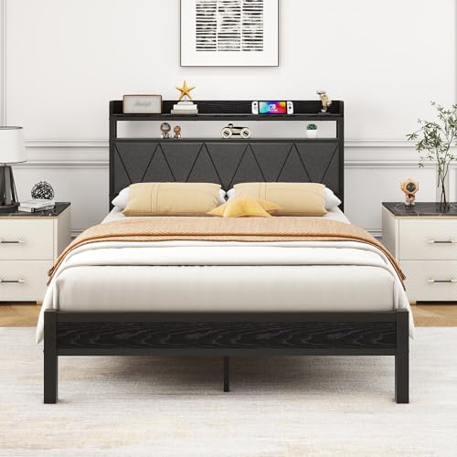 VERFARM Marco de Cama Tapizada de Metal y Madera 120 x 200 cm - Moderno Con Somier, Cabecero de 2 Niveles y Espacio de Almacenamiento