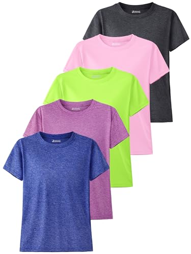 JORHIG 5 Pack Girls Shirts Athletic Dry-Fit T-Shirts Short Sleeve Summer Crew Neck Tops for Girls Kids Teens Set C 10-12Y