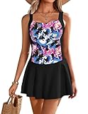 Ekouaer Swim Dress One Piece Bathing Suit Skirted Swimsuits for Women Ruched Retro Swimwear S-XXL Black