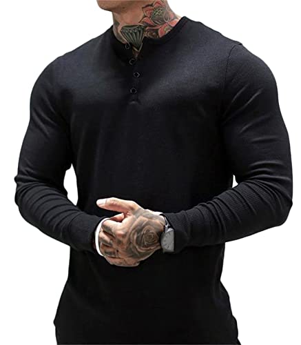 Andongnywell Men's Ribbed Henley Shirt Slim Fit Cotton Long Sleeve Casual T-Shirt Highlight Muscle Lines Sweatshirt