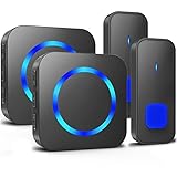 Türklingel Funk 400m Reichweite, Wasserdichte Außen Doppelte Funkklingel mit 2 Empfängern 2 Batteriebetriebenen Sendern für Haustür-Hintertür Klingel Funk mit 55 Klingeln, 5 Lautstärken, blinkende LED