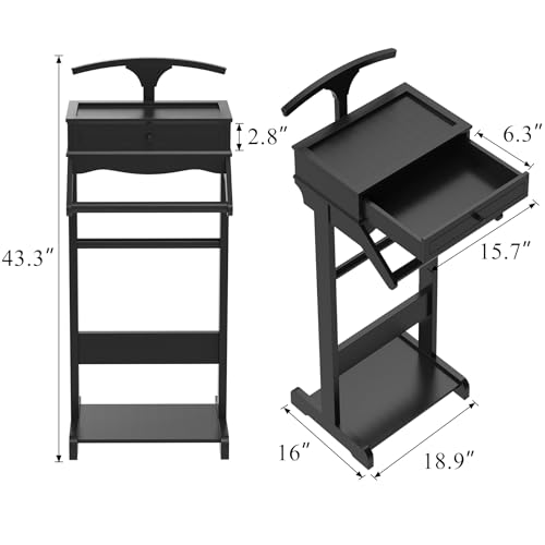 Image of Men's Valet Stand with Tray, Black Wood Clothes Stand, Freestanding Garment Rack Organizer for Enterway, Office, Bedroom