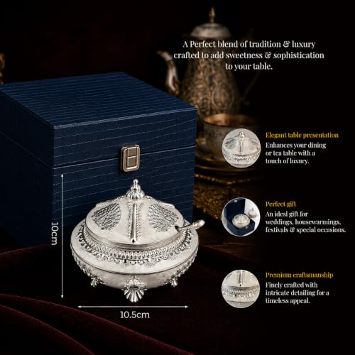 Image of Diviniti Silver Plated Peacock Sugar Pot with Lid | Decorative Storage Jar for Sugar, Mouth Fresheners & Small Items | Luxury Home Decor Piece for Kitchen, Dining Table & Gifting (White Finish)