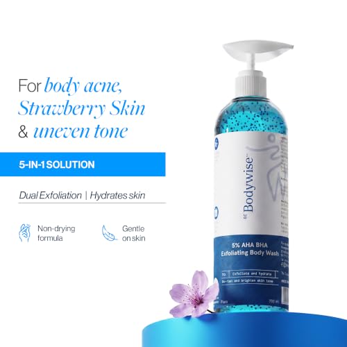Image of Be Bodywise 5% AHA BHA Exfoliating Detan Body Wash (Flora Fragrance) 700ml | For Body Acne, Strawberry Skin, De-Tan | 3% Lactic Acid, 1% Salicylic Acid, 1% Glycolic Acid | Non-Drying, Paraben Free