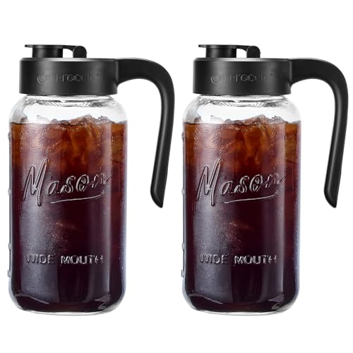 Image of Mason Jar Pitcher, 2 pcs 64 oz (2 quart), Glass Pitcher with Lid | Airtight, Leak proof, Ergonomic Handle, Pour Spout Lid, Fridge Safe, for Sun Tea, Iced Tea, Cold Brew, Lemonade, Outside