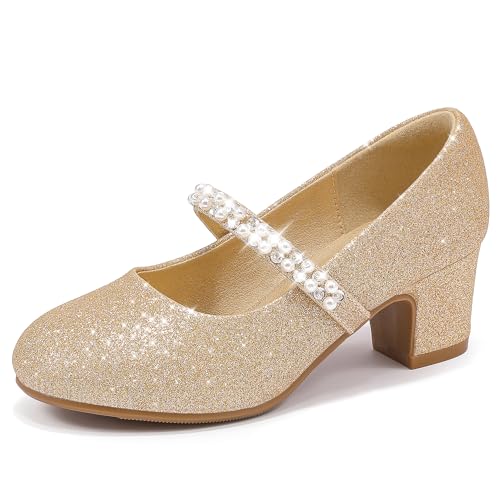 LAURMOSA Doré Chaussures Princesse Perles Chaussures Talon Enfant Fille Mary Janes Fille 33 Chaussure Princesse Paillettes Mariage Anniversaire Festivité Danse Soirée...