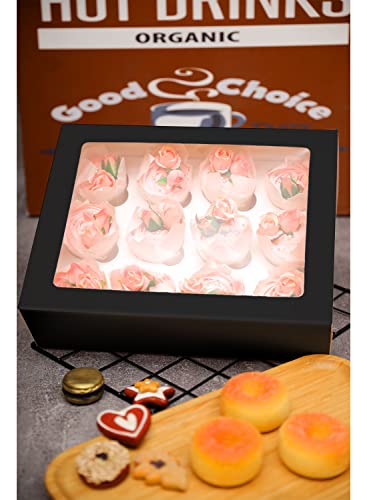 Image of Bakepacker Auto-pop Up Cupcake Boxes with Window Black 40PCS 12 Count Cupcake Box 13 inchx10 inchx3.5 inch Cupcakes Carrier, 12 Cupcake Containers with 2 rolls of pink ribbons