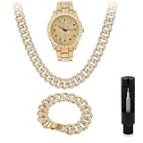 Techno Pave Mens Iced Out Metal Band Watch & Bling-ed Out Jewelry Set - Baguette Gold Watch