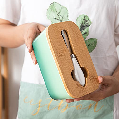 Porcelain Butter Dish With Knife & Wooden Lid, Candiicap Airtight Butter Keeper For Countertop, Large Butter Holder For East West Coast Butter(Avocado Green) #TOP7