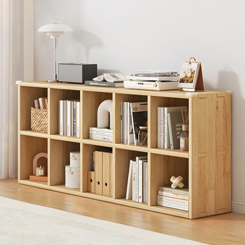 Image of YKLYTBD 10 Cube Storage Organizer, 2 Tier Solid Wood Open Cube Shelf, Mortise and Tenon Structure Short Bookshelf, Horizontal Bookshelf, Display Shelf, Easy to Install