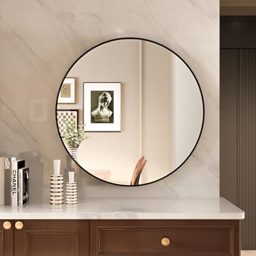 Image of LFT HUIMEI2Y Wall Circle Mirror - 28Inch Black Metal Frame Wall Mounted Circle Mirror for Bathroom, Living Room, Dining Room