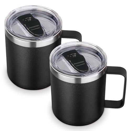 Volhoply 14oz Insulated Stainless Steel Coffee Mug with Lid Bulk 2 Pack,Double Wall Vacuum Travel Coffee Cup with Handle,Reusable Metal Tumbler,Camping Mugs Keep Hot,Christmas Gifts(Black,2 Set)