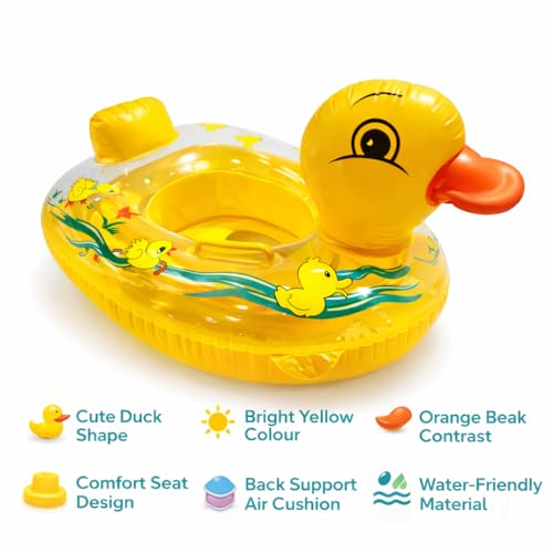 Image of Mammoth Cute Duck Baby Inflatable Swim Ring with Seat & Backrest Support, Safety Handle, Stable Float Tube for Toddlers 6-24 Months, Durable PVC Pool Float for Kids Summer Water Fun [ Yellow ]