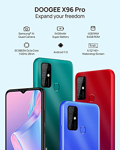 DOOGEE-X96-Pro-2021-Moviles-Baratos-4GB-RAM64GB-ROM-5400mAh-4G-Smartphone-Android-11-Camara-Cuadruple-13MP-Pantalla-Waterdrop-de-652-Telefono-Octa-Core-Face-ID-Huella-Dactilar-Verde